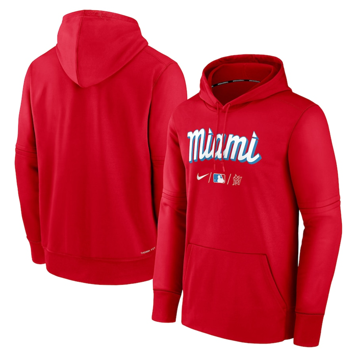 Men's Red Miami Marlins 2022 City Connect Therma Performance Pullover Hoodie